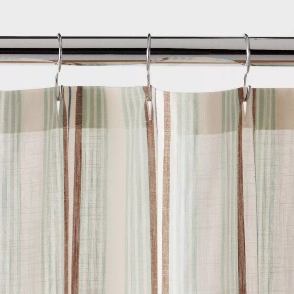 Threshold Coastal Brown & Teal Striped Shower Curtain w 12 Chrome Finish S Hooks - Picture 3 of 7